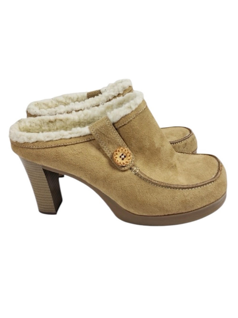 Y2K Vintage Candies Suede Mules Heeled Shoes Shearling Faux Fur 7 7 1/2 7.5